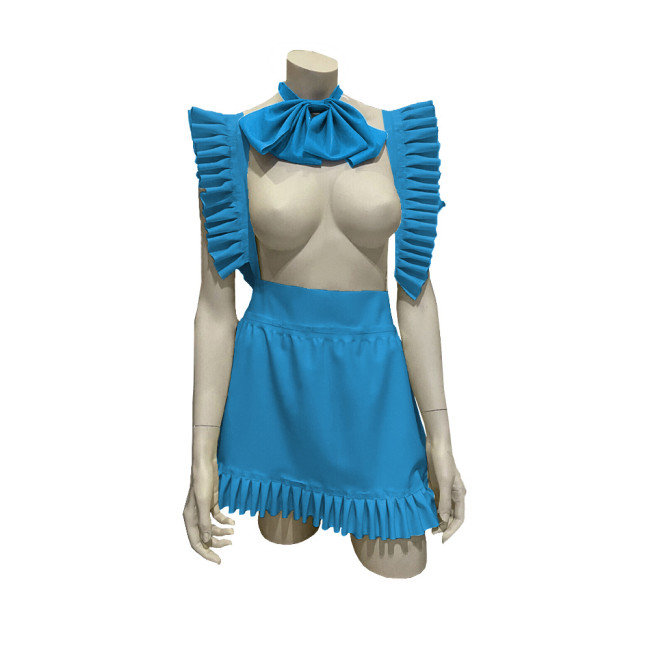 Exotic Sexy Apron Anime Play Lolita Ruffled Apron Dress with Bowtie Shiny PVC Leather Lace-up Maid Cosplay Short A-line Apron