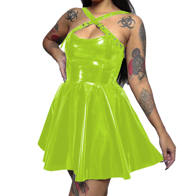 Womens Wetlook PVC Leather  Cross Strap Dress Skinny Short Sleeveless Pleated Dress Sexy Bodycon Ladies Party Club  A-line Dress