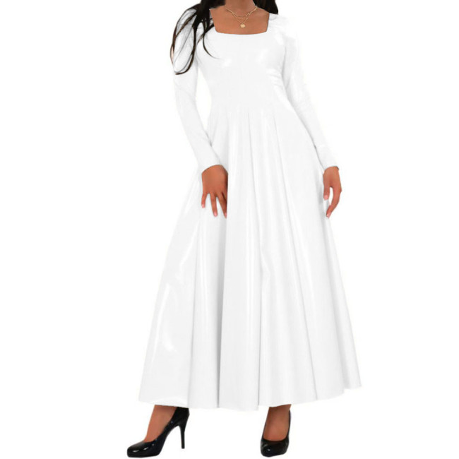 Women Long Dress Wetlook PVC Solid Square Neck Long Pleated Dresses High Waist A-line Loose Simple Casual Daily Wear Maxi Dress