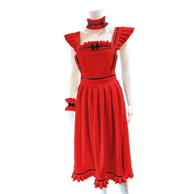 Lolita French Maid Cosplay Outfits Ruffles Long Apron Dress with Collar Cuff Exotic Servant Wetlook PVC Leather Maid Uniform