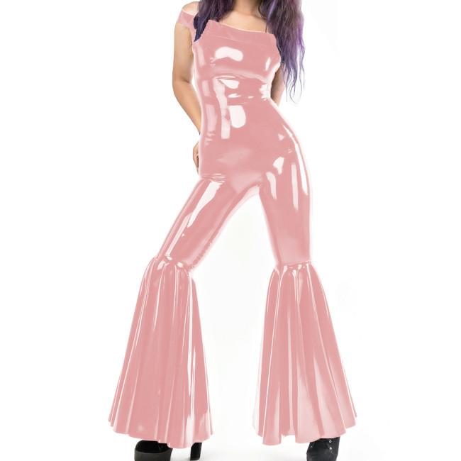 Sexy PVC Leather Bodysuits Long Ankle Length Jumpsuits Fashion Ruffle Hem Boat Neck Rompers Club Aesthetic Bodycon Jumpsuits