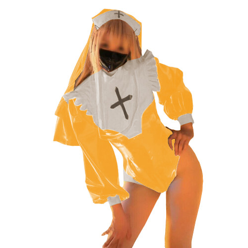 Exotic Party Cosplay Nun Uniforms Lovely Glossy PVC Leather with Headscarf Bodysuit Long Sleeves Mock Neck Plus Size Rompers