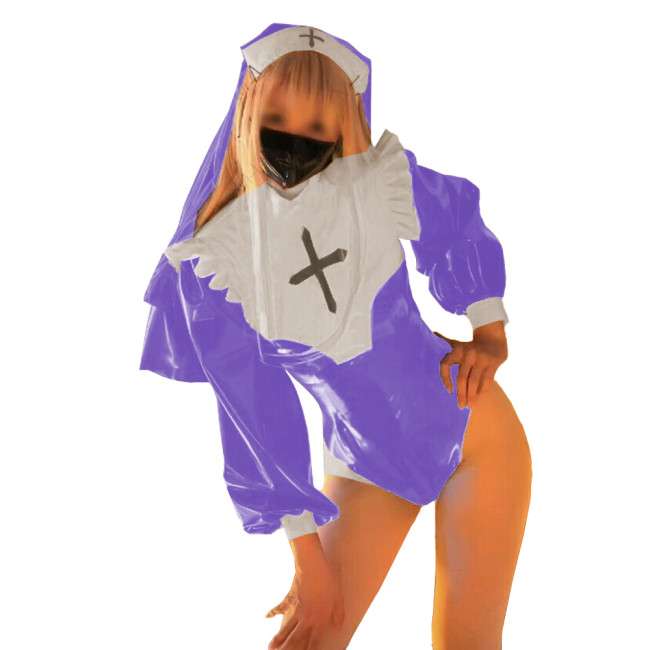 Exotic Party Cosplay Nun Uniforms Lovely Glossy PVC Leather with Headscarf Bodysuit Long Sleeves Mock Neck Plus Size Rompers