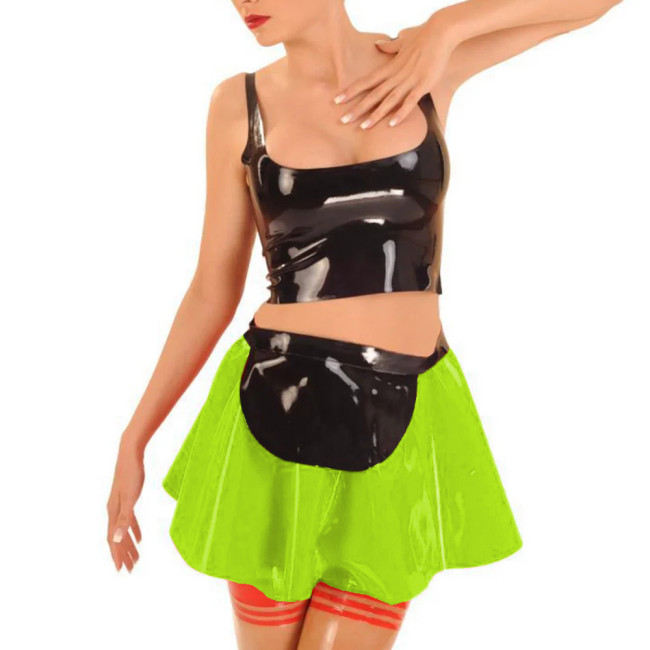 Sexy Maid Cosplay Dress Sets Wetlook PVC Leather U-neck Crop Top High Waist Mini Skirt with Apron Sissy Uniform 3 Piece Set 7XL