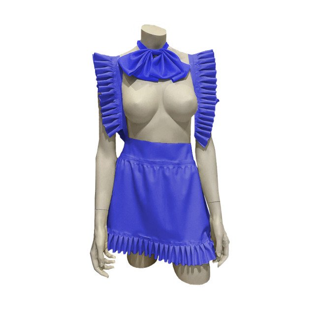 Exotic Sexy Apron Anime Play Lolita Ruffled Apron Dress with Bowtie Shiny PVC Leather Lace-up Maid Cosplay Short A-line Apron