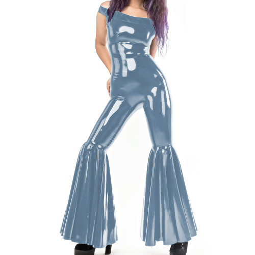 Sexy PVC Leather Bodysuits Long Ankle Length Jumpsuits Fashion Ruffle Hem Boat Neck Rompers Club Aesthetic Bodycon Jumpsuits