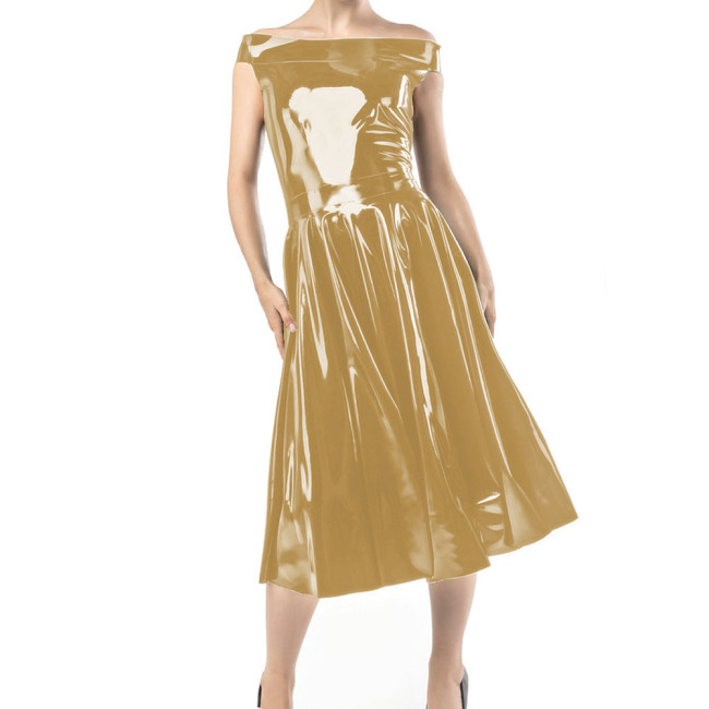 Elegant Boat Neck Shiny PVC Leather Fit  A-line Dress Sexy Over-knee Length Bodycon Female Bandage High Waist Fashion Dresses
