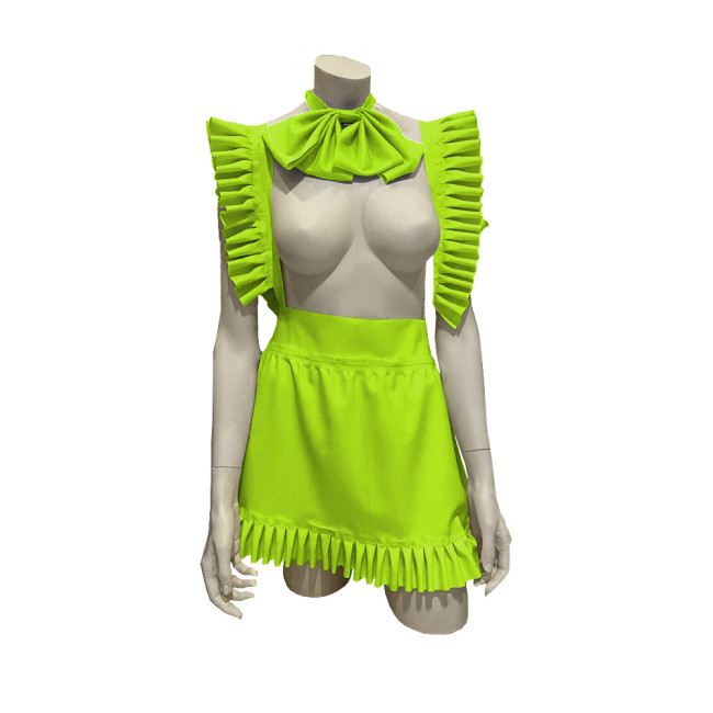Exotic Sexy Apron Anime Play Lolita Ruffled Apron Dress with Bowtie Shiny PVC Leather Lace-up Maid Cosplay Short A-line Apron