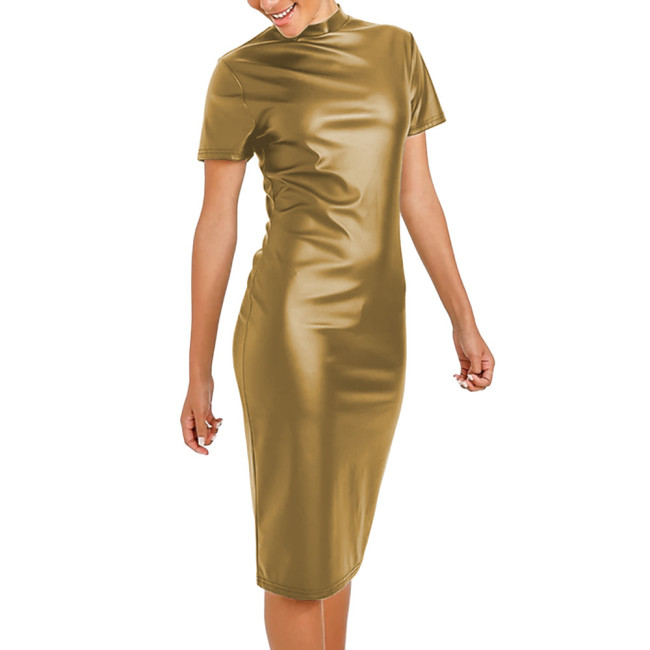 Women's Summer Short Sleeved Dress Over Knee Solid Elegant Lady Bodycon Prom Dress PU Leather  Scoop Neck Sexy Night  Dress