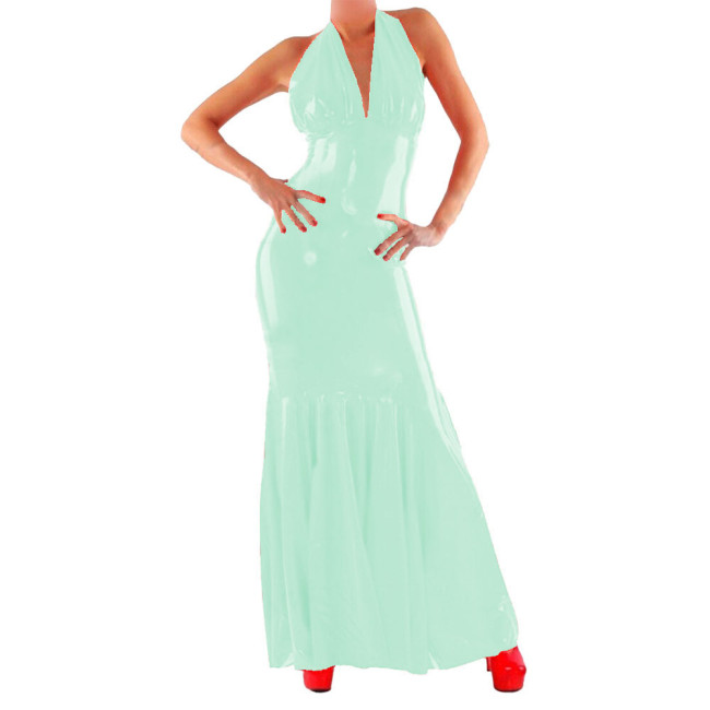 Halter Sexy Dress Women PVC Faux Leather Long Dress Sissy Bodycon Dress Exotic Nightwear Clubwear Vestidos