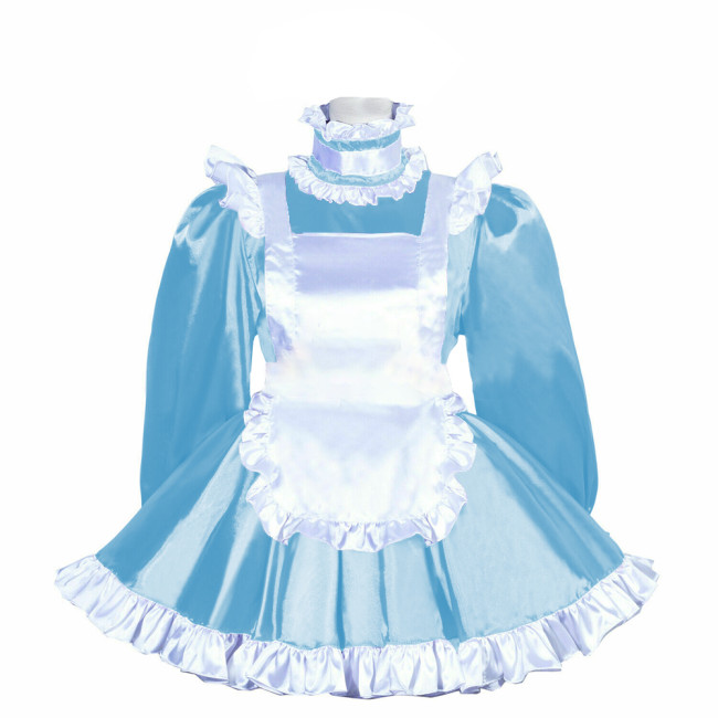 French Maid Uniform Shiny Turtleneck White Ruffled Hem  A-line Maid Dress Outfits Satin Finish Silk-like Party Cosplay Costume