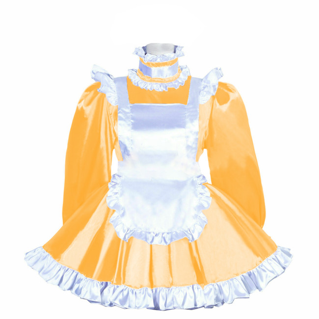 French Maid Uniform Shiny Turtleneck White Ruffled Hem  A-line Maid Dress Outfits Satin Finish Silk-like Party Cosplay Costume
