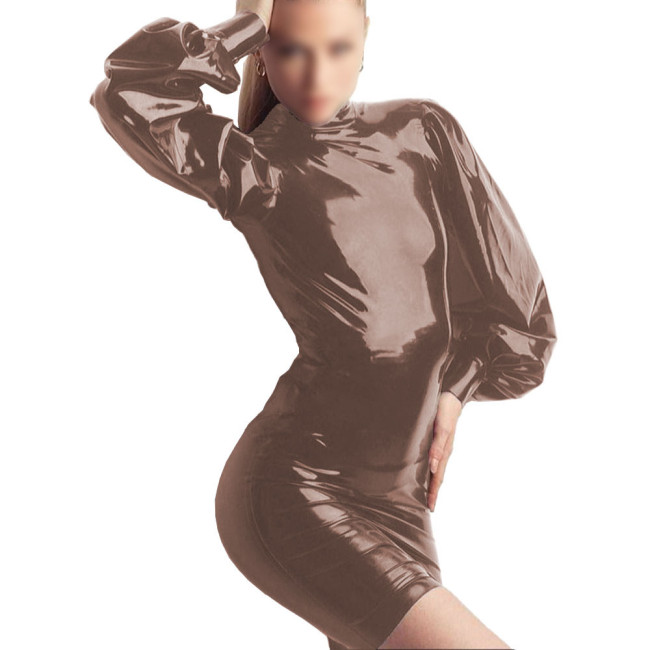Puff Sleeves Sheath Short Dress Long Sleeves Party Costume High Street Solid Elegant Spandex PVC Leather Dress Large Size Dress