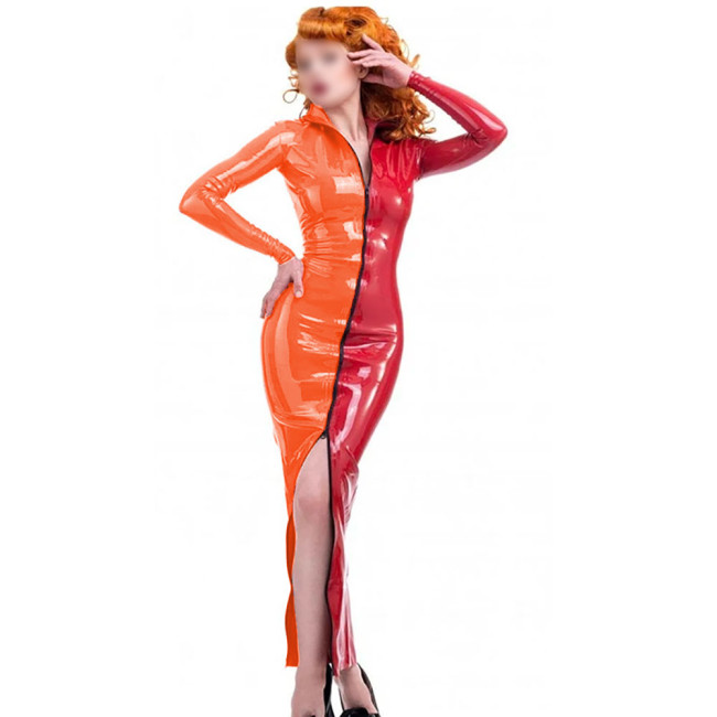 Novelty Candy Color Splicing Zipper Front Dress Long Sheleve Vintage PVC Wetlook Long Pencil Dress High Street Skintight Costume