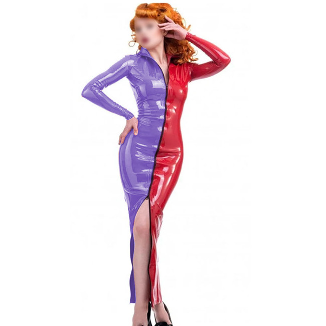 Novelty Candy Color Splicing Zipper Front Dress Long Sheleve Vintage PVC Wetlook Long Pencil Dress High Street Skintight Costume