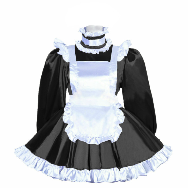 French Maid Uniform Shiny Turtleneck White Ruffled Hem  A-line Maid Dress Outfits Satin Finish Silk-like Party Cosplay Costume