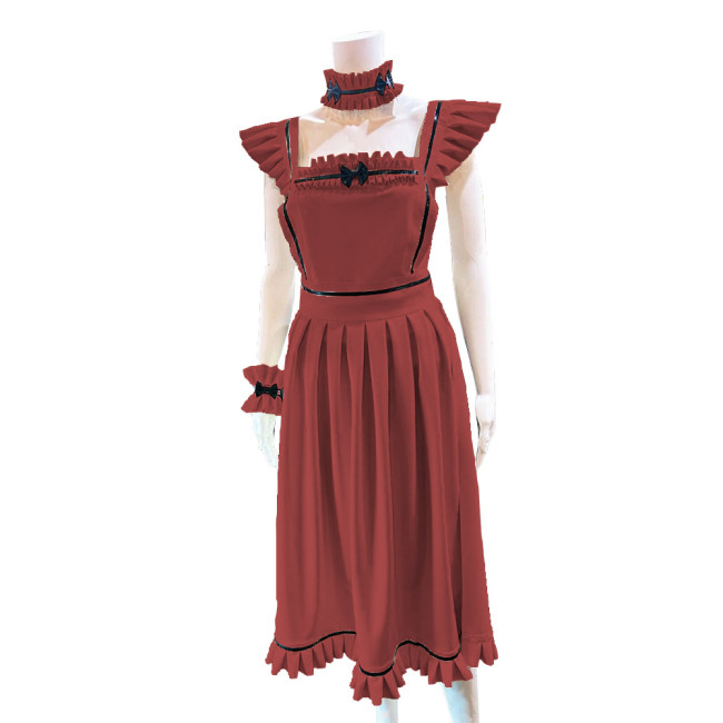 Lolita French Maid Cosplay Outfits Ruffles Long Apron Dress with Collar Cuff Exotic Servant Wetlook PVC Leather Maid Uniform