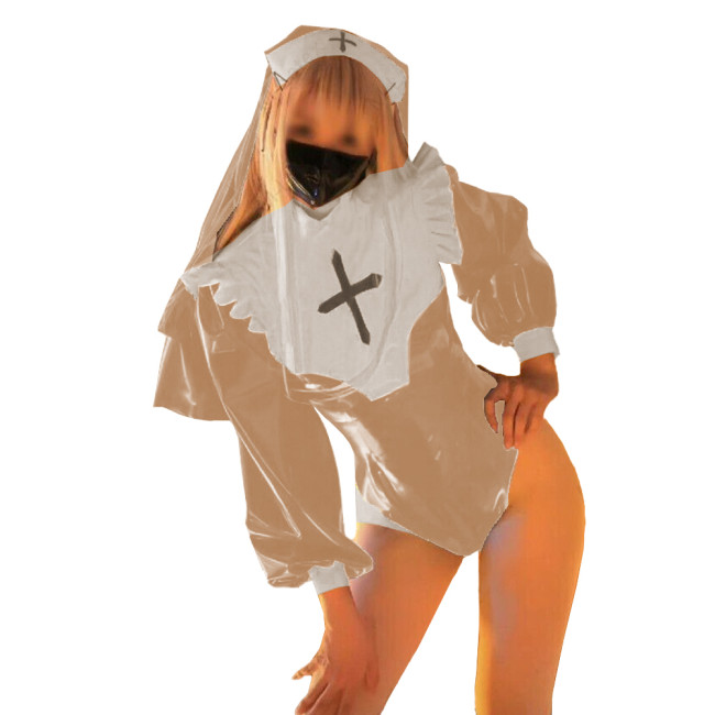 Exotic Party Cosplay Nun Uniforms Lovely Glossy PVC Leather with Headscarf Bodysuit Long Sleeves Mock Neck Plus Size Rompers