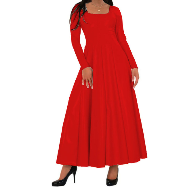 Women Long Dress Wetlook PVC Solid Square Neck Long Pleated Dresses High Waist A-line Loose Simple Casual Daily Wear Maxi Dress