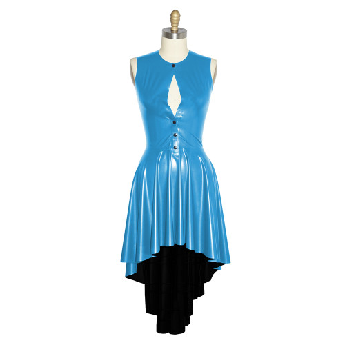 Fashion O-neck Hollow Out Sleeveless Vinyl PVC Leather Maxi Irregular Pleated Dress Women Cocktail Party Hight Waist Clothing