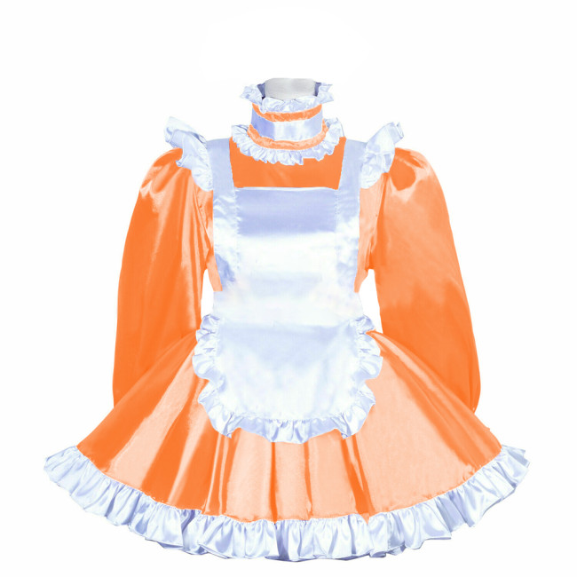 French Maid Uniform Shiny Turtleneck White Ruffled Hem  A-line Maid Dress Outfits Satin Finish Silk-like Party Cosplay Costume