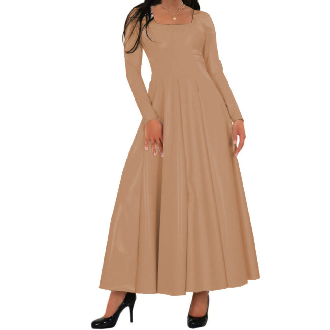 Women Long Dress Wetlook PVC Solid Square Neck Long Pleated Dresses High Waist A-line Loose Simple Casual Daily Wear Maxi Dress