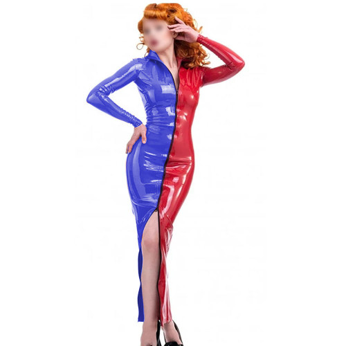 Novelty Candy Color Splicing Zipper Front Dress Long Sheleve Vintage PVC Wetlook Long Pencil Dress High Street Skintight Costume
