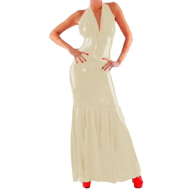Halter Sexy Dress Women PVC Faux Leather Long Dress Sissy Bodycon Dress Exotic Nightwear Clubwear Vestidos