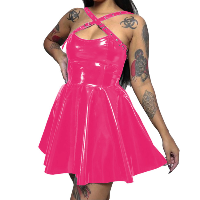 Womens Wetlook PVC Leather  Cross Strap Dress Skinny Short Sleeveless Pleated Dress Sexy Bodycon Ladies Party Club  A-line Dress