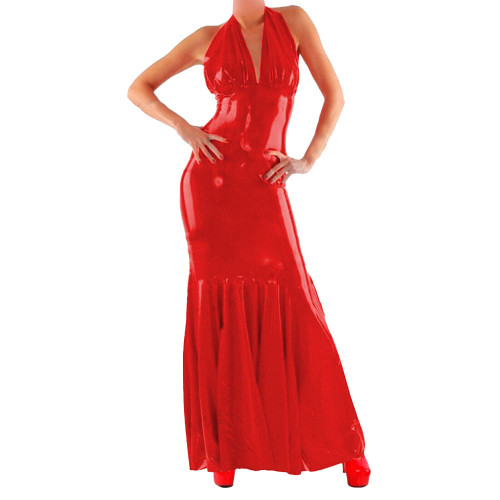 Halter Sexy Dress Women PVC Faux Leather Long Dress Sissy Bodycon Dress Exotic Nightwear Clubwear Vestidos