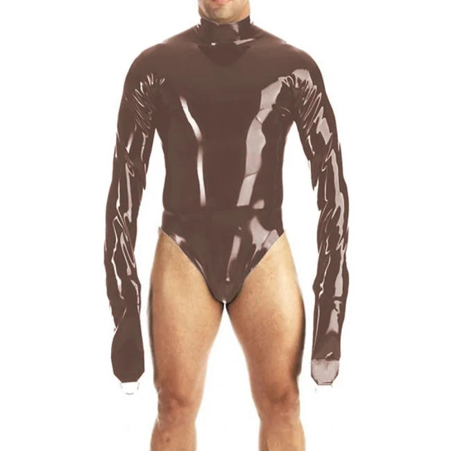 PVC Vinyl Long Sleeves with Gloves Solid Exotic Bodysuit Wetlook Unisex Party Stretch High Cut Catsuit Sexy Open Hip Rompers 7XL