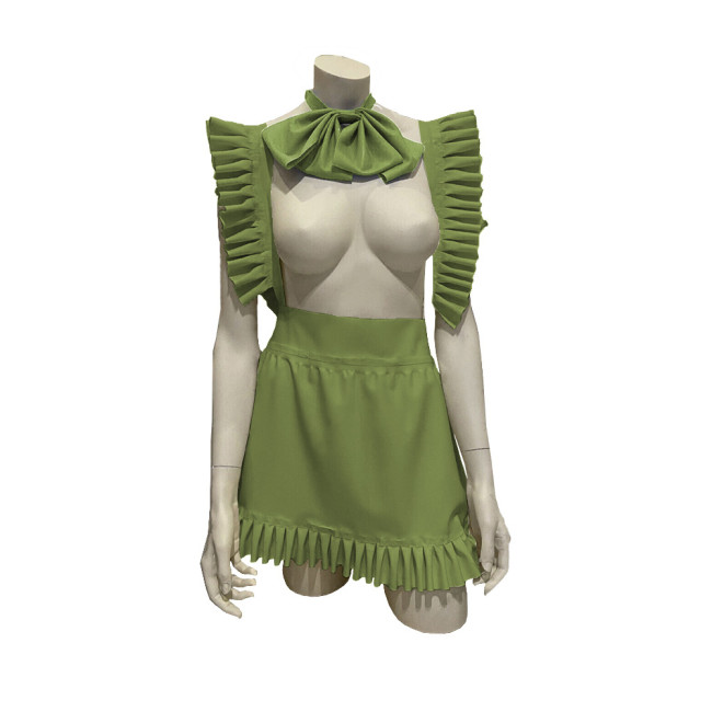 Exotic Sexy Apron Anime Play Lolita Ruffled Apron Dress with Bowtie Shiny PVC Leather Lace-up Maid Cosplay Short A-line Apron