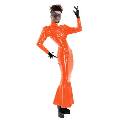 Slim Mermaid Ruffled Hem Ankle Length Long Dress Turtleneck Long Sleeve Dress Glossy PVC Wetlook Dance Party Trumpet Dresses
