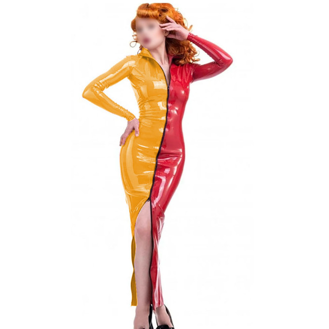 Novelty Candy Color Splicing Zipper Front Dress Long Sheleve Vintage PVC Wetlook Long Pencil Dress High Street Skintight Costume