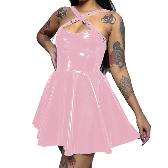 Womens Wetlook PVC Leather  Cross Strap Dress Skinny Short Sleeveless Pleated Dress Sexy Bodycon Ladies Party Club  A-line Dress