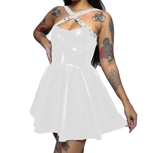 Womens Wetlook PVC Leather  Cross Strap Dress Skinny Short Sleeveless Pleated Dress Sexy Bodycon Ladies Party Club  A-line Dress