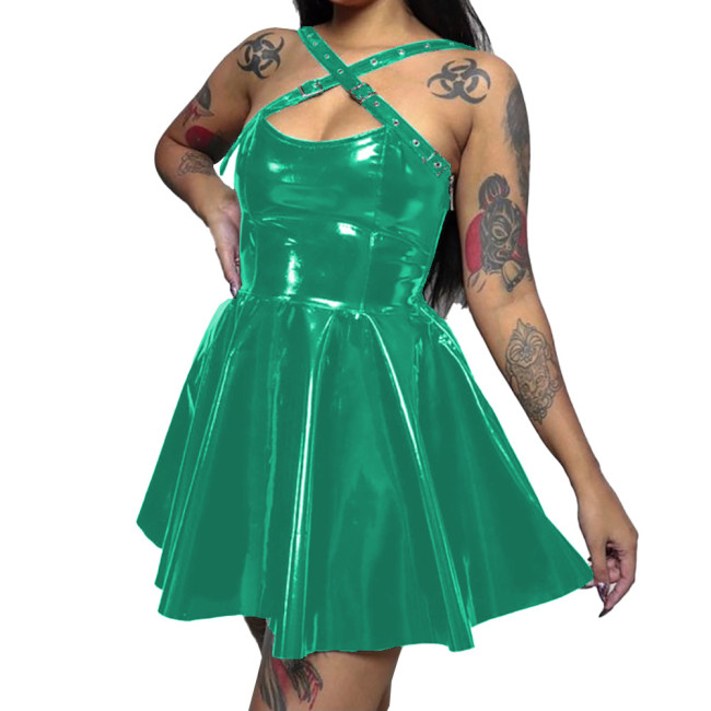 Womens Wetlook PVC Leather  Cross Strap Dress Skinny Short Sleeveless Pleated Dress Sexy Bodycon Ladies Party Club  A-line Dress