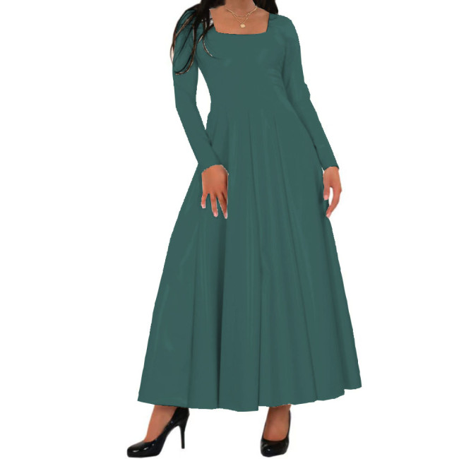 Women Long Dress Wetlook PVC Solid Square Neck Long Pleated Dresses High Waist A-line Loose Simple Casual Daily Wear Maxi Dress
