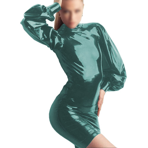 Puff Sleeves Sheath Short Dress Long Sleeves Party Costume High Street Solid Elegant Spandex PVC Leather Dress Large Size Dress