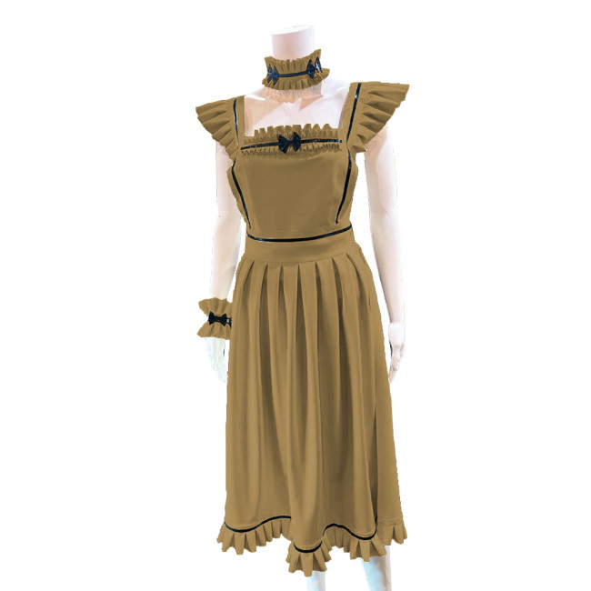 Lolita French Maid Cosplay Outfits Ruffles Long Apron Dress with Collar Cuff Exotic Servant Wetlook PVC Leather Maid Uniform