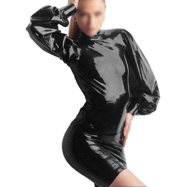 Puff Sleeves Sheath Short Dress Long Sleeves Party Costume High Street Solid Elegant Spandex PVC Leather Dress Large Size Dress