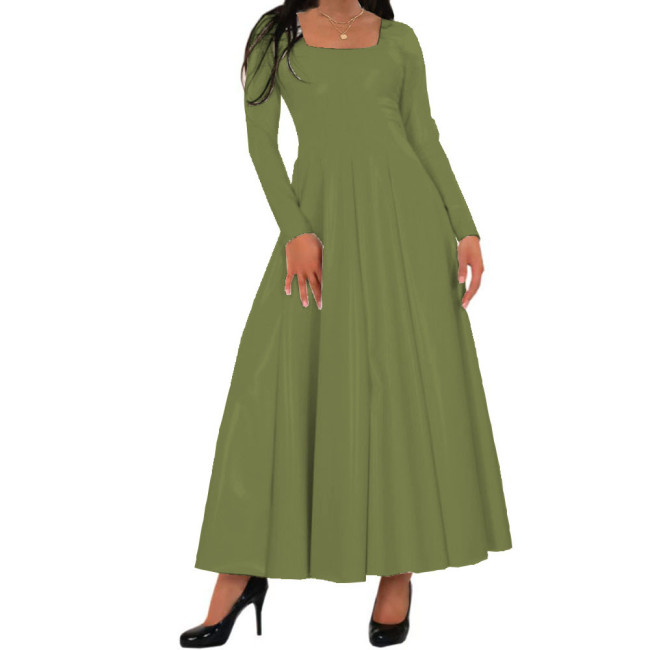 Women Long Dress Wetlook PVC Solid Square Neck Long Pleated Dresses High Waist A-line Loose Simple Casual Daily Wear Maxi Dress