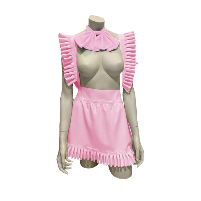 Exotic Sexy Apron Anime Play Lolita Ruffled Apron Dress with Bowtie Shiny PVC Leather Lace-up Maid Cosplay Short A-line Apron