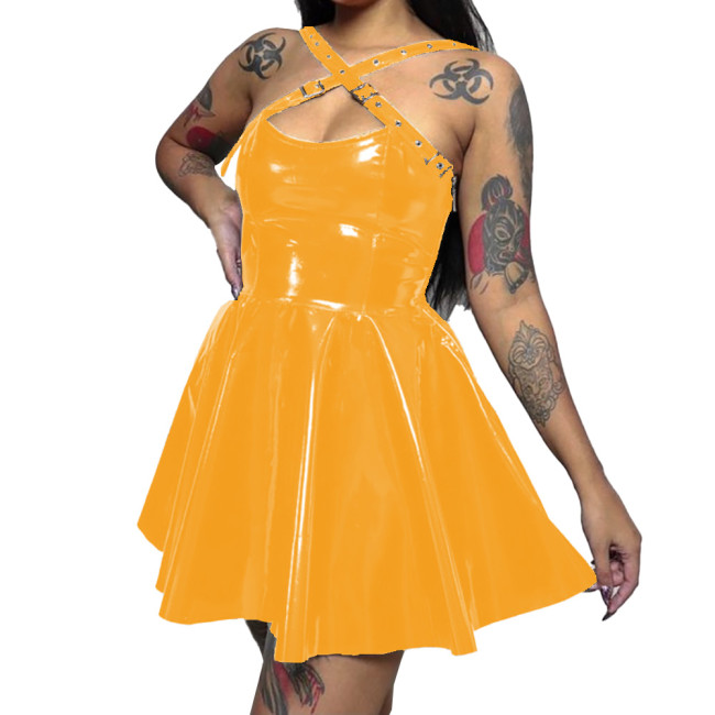 Womens Wetlook PVC Leather  Cross Strap Dress Skinny Short Sleeveless Pleated Dress Sexy Bodycon Ladies Party Club  A-line Dress