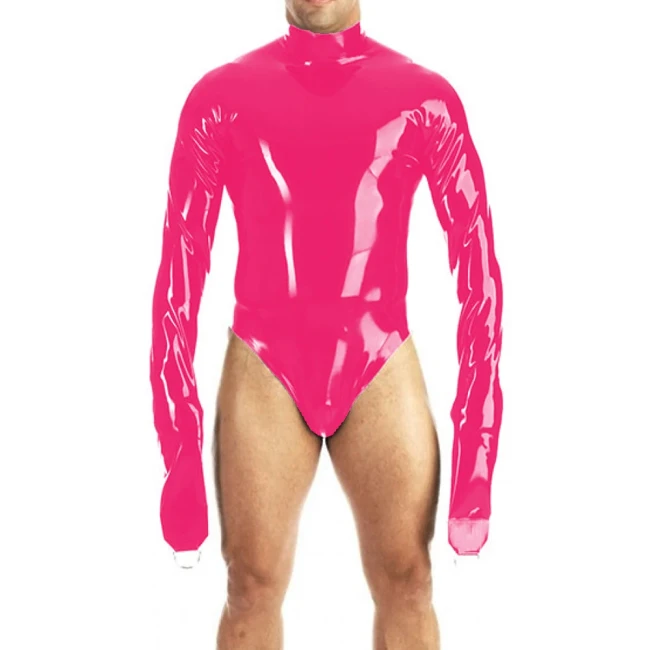 PVC Vinyl Long Sleeves with Gloves Solid Exotic Bodysuit Wetlook Unisex Party Stretch High Cut Catsuit Sexy Open Hip Rompers 7XL