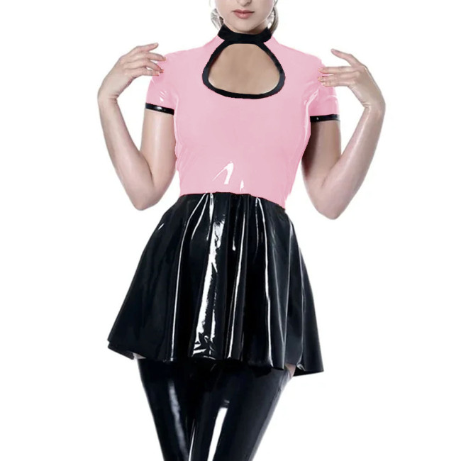 Party Sexy Hollow Short Dress Womens Shiny PVC Leather Short Sleeve Mini Dress Female Wetlook High Waist Patchwork A-line Dress