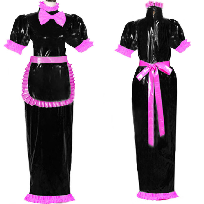 French Lockable Maid Cosplay Costume Short Sleeve Bow Decoration Dress High Neck Back Zipper PVC Wetlook Clubwear with Apron