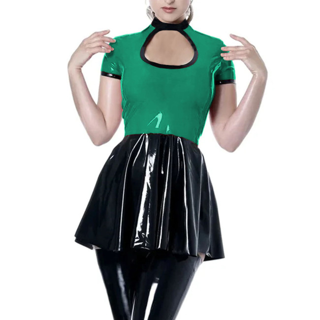 Party Sexy Hollow Short Dress Womens Shiny PVC Leather Short Sleeve Mini Dress Female Wetlook High Waist Patchwork A-line Dress
