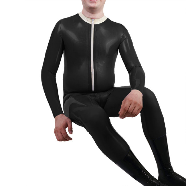 Mens Mock Neck Jumpsuit Sexy Front Zipper Adult Vinyl PVC Leather Jumpsuit Nightclub Long Sleeve Male Catsuit Fetish Costume 7XL