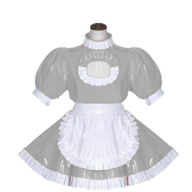 Sexy Maid Dress Shiny PVC Clubwear Turtleneck Short Sleeve Ruffled A-Line Dress with Apron Lockable Back Zipper Cosplay Outfit